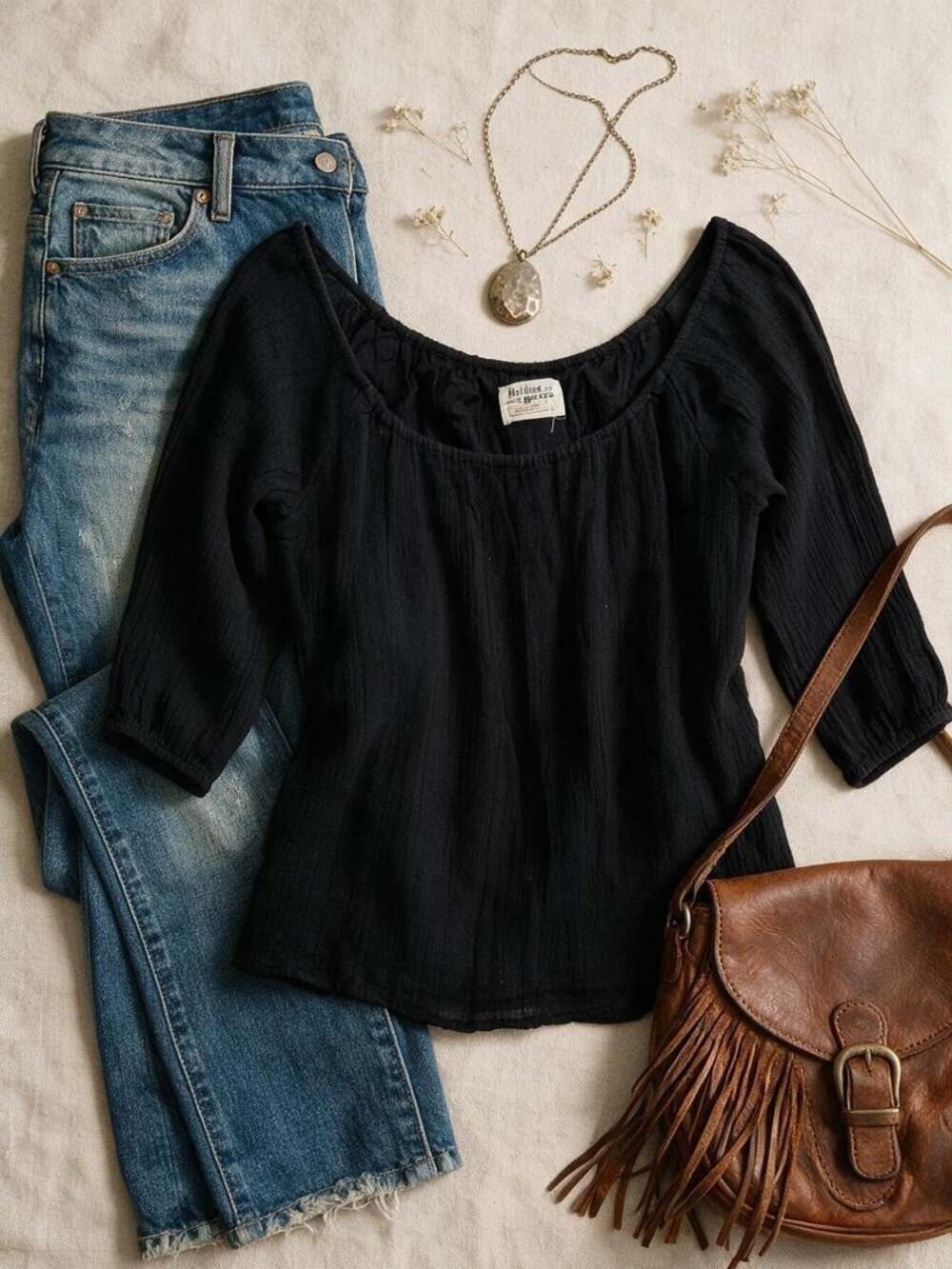 Anthropologie Holding Horses Womens Large L Black Cotton Peasant Top Blouse Boho